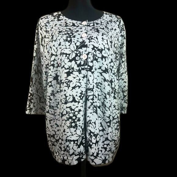 Hampshire Studio Ice Blue and Black Botanical Patterned Cotton Cardigan Size 2X - Picture 1 of 7